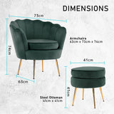 darrahopens Furniture > Bar Stools & Chairs La Bella Shell Scallop Green Armchair Accent Chair Velvet + Round Ottoman Footstool