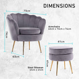 darrahopens Furniture > Bar Stools & Chairs La Bella Shell Scallop Grey Armchair Accent Chair Velvet + Round Ottoman Footstool