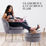 darrahopens Furniture > Bar Stools & Chairs La Bella Shell Scallop Grey Armchair Accent Chair Velvet + Round Ottoman Footstool