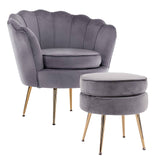darrahopens Furniture > Bar Stools & Chairs La Bella Shell Scallop Grey Armchair Accent Chair Velvet + Round Ottoman Footstool