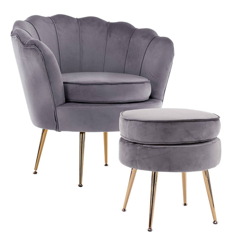 darrahopens Furniture > Bar Stools & Chairs La Bella Shell Scallop Grey Armchair Accent Chair Velvet + Round Ottoman Footstool