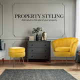 darrahopens Furniture > Bar Stools & Chairs La Bella Shell Scallop Yellow Armchair Accent Chair Velvet + Round Ottoman Footstool