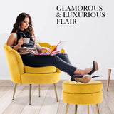 darrahopens Furniture > Bar Stools & Chairs La Bella Shell Scallop Yellow Armchair Accent Chair Velvet + Round Ottoman Footstool
