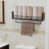 Darrahopens Furniture > Bathroom Wall Mount Rustic Wood & Black Metal Bathroom Shelf with Towel Bar