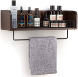 Darrahopens Furniture > Bathroom Wall Mount Rustic Wood & Black Metal Bathroom Shelf with Towel Bar