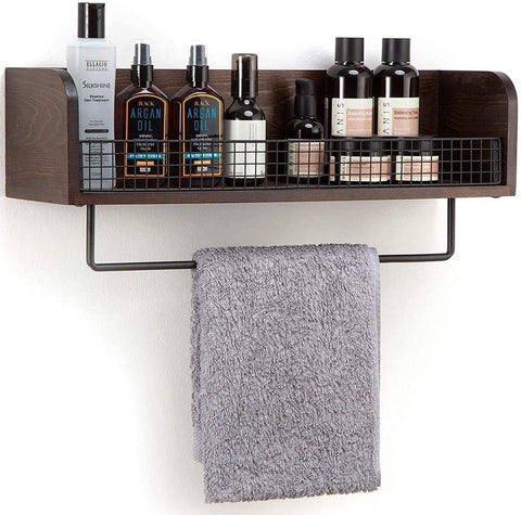 Darrahopens Furniture > Bathroom Wall Mount Rustic Wood & Black Metal Bathroom Shelf with Towel Bar