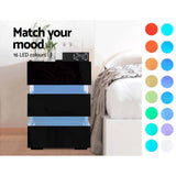 darrahopens Furniture > Bedroom Artiss Bedside Table Side Unit RGB LED Lamp 3 Drawers Nightstand Gloss Furniture Black
