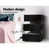 darrahopens Furniture > Bedroom Artiss Bedside Table Side Unit RGB LED Lamp 3 Drawers Nightstand Gloss Furniture Black