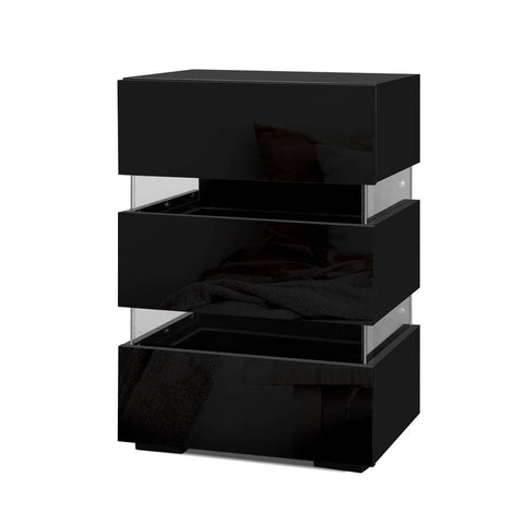 darrahopens Furniture > Bedroom Artiss Bedside Table Side Unit RGB LED Lamp 3 Drawers Nightstand Gloss Furniture Black