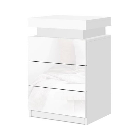 darrahopens Furniture > Bedroom Artiss Bedside Tables Side Table 3 Drawers RGB LED High Gloss Nightstand White