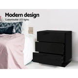 darrahopens Furniture > Bedroom Artiss Bedside Tables Side Table RGB LED Lamp 3 Drawers Nightstand Gloss Black