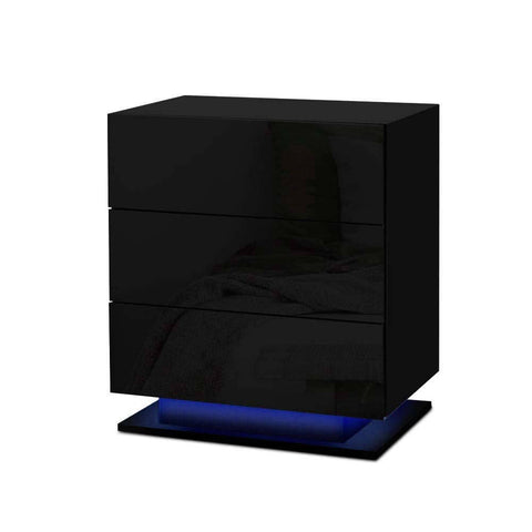 darrahopens Furniture > Bedroom Artiss Bedside Tables Side Table RGB LED Lamp 3 Drawers Nightstand Gloss Black