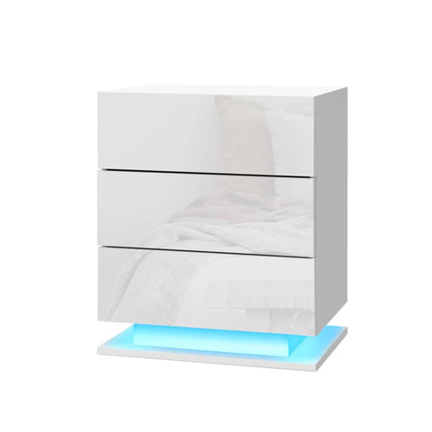 darrahopens Furniture > Bedroom Artiss Bedside Tables Side Table RGB LED Lamp 3 Drawers Nightstand Gloss White