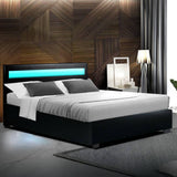 darrahopens Furniture > Bedroom Artiss Cole LED Bed Frame PU Leather Gas Lift Storage - Black Double