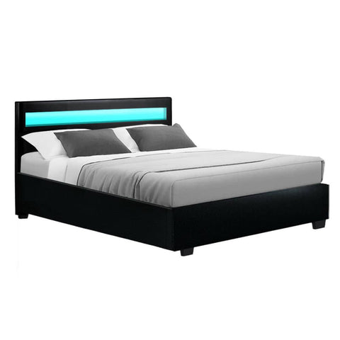darrahopens Furniture > Bedroom Artiss Cole LED Bed Frame PU Leather Gas Lift Storage - Black Double