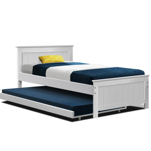 darrahopens Furniture > Bedroom Artiss Wooden Trundle Bed Frame Timber Slat King Single Size White