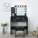Darrahopens Furniture > Bedroom Diana Vanity Set with Shelves Cushioned Stool and Lighted Mirror- Black