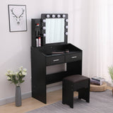 Darrahopens Furniture > Bedroom Diana Vanity Set with Shelves Cushioned Stool and Lighted Mirror- Black