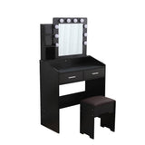 Darrahopens Furniture > Bedroom Diana Vanity Set with Shelves Cushioned Stool and Lighted Mirror- Black