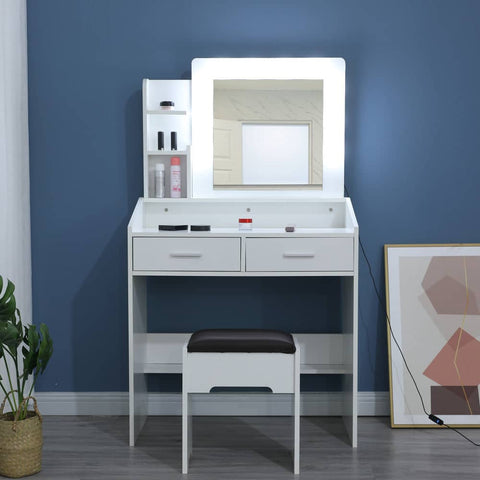 Darrahopens Furniture > Bedroom Diana Vanity Set with Shelves Cushioned Stool and Lighted Mirror- White