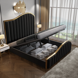Darrahopens Furniture > Bedroom Elegant Luxury King Size Velvet Fabric Storage Bedframe Golden Trim-Black