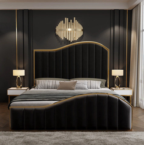 Darrahopens Furniture > Bedroom Elegant Luxury King Size Velvet Fabric Storage Bedframe Golden Trim-Black
