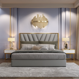 Darrahopens Furniture > Bedroom Menlo Elegant Luxury Bedframe PU Leather Golden Trim Grey-King