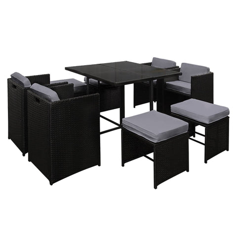 darrahopens Furniture > Dining Gardeon 9 Piece Wicker Outdoor Dining Set - Black & Grey