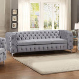 darrahopens Furniture > Living Room 3 Seater Sofa Classic Button Tufted Lounge in Grey Velvet Fabric with Metal Legs