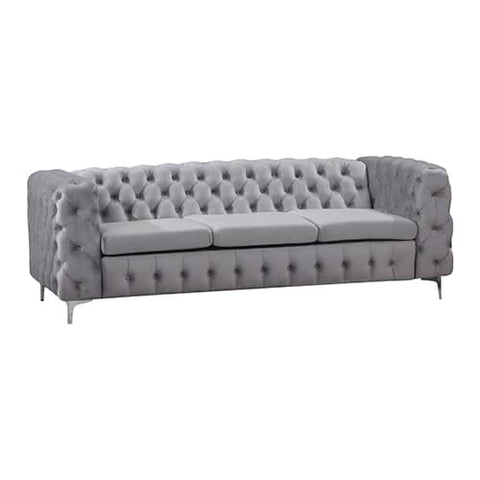 darrahopens Furniture > Living Room 3 Seater Sofa Classic Button Tufted Lounge in Grey Velvet Fabric with Metal Legs