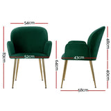 Darrahopens Furniture > Living Room Artiss  Set of 2 Kynsee Dining Chair Armchair Cafe Chair Upholstered Velvet Green