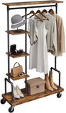 darrahopens Furniture > Living Room Clothing Garment Rack on Wheels with 5-Tier, Industrial Pipe Style, Rustic Brown