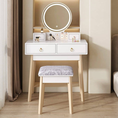 Darrahopens Furniture > Living Room Dressing Vanity Table Stool Set with Make-up LED Lighted Mirror - White