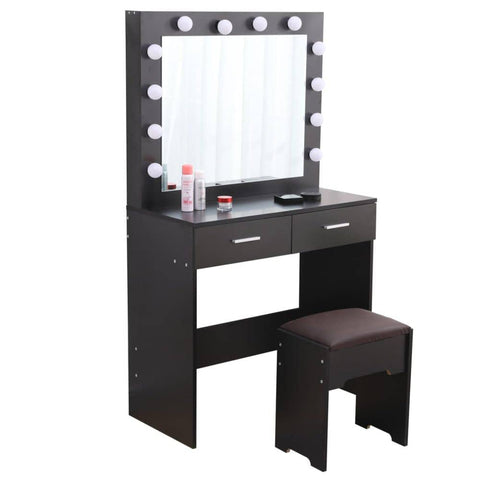 Darrahopens Furniture > Living Room Fidel Vanity Set with Cushioned Stool and Lighted Mirror- Black