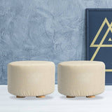 darrahopens Furniture > Living Room La Bella 2 Set Beige Fabric Ottoman Round Wooden Leg Foot Stool