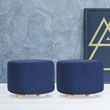 darrahopens Furniture > Living Room La Bella 2 Set Dark Blue Fabric Ottoman Round Wooden Leg Foot Stool
