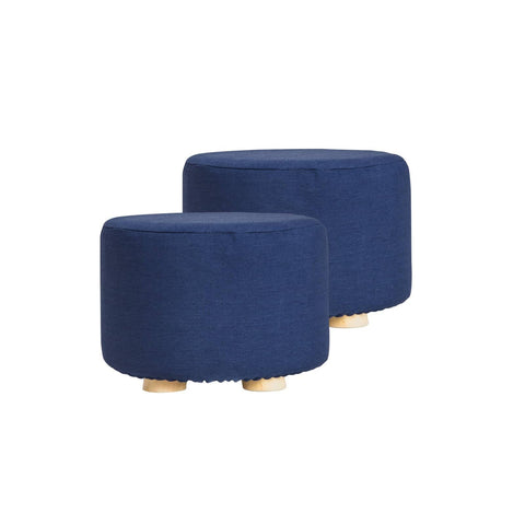 darrahopens Furniture > Living Room La Bella 2 Set Dark Blue Fabric Ottoman Round Wooden Leg Foot Stool