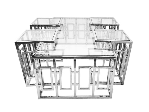 Darrahopens Furniture > Living Room Pinnacle Set of 5 Coffee Table Silver Base - Clear Glass