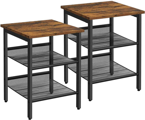 darrahopens Furniture > Living Room VASAGLE Side Table Set Nightstand Industrial Set of 2 Bedside Tables with Adjustable Mesh Shelves Rustic Brown and Black LET24X
