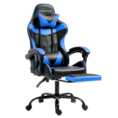 darrahopens Furniture > Office Artiss Office Chair Leather Gaming Chairs Footrest Recliner Study Work Blue