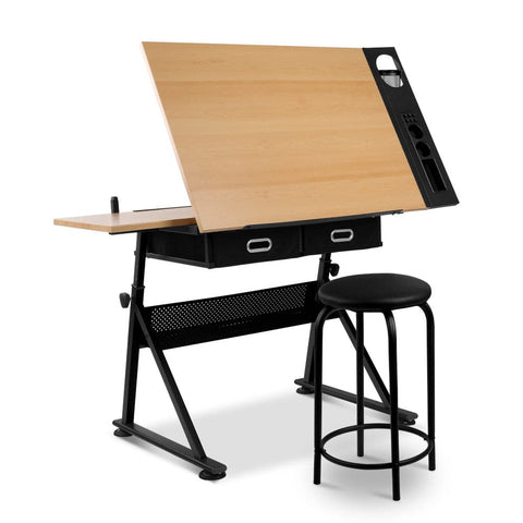 darrahopens Furniture > Office Artiss Tilt Drafting Table Stool Set - Natural & Black
