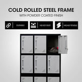 Darrahopens Furniture > Office FORTIA 12-Door Metal Storage Locker Cabinet Gym Office Lockers Compartment, Black & Light Grey