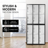Darrahopens Furniture > Office FORTIA 12-Door Metal Storage Locker Cabinet Gym Office Lockers Compartment, Black & Light Grey