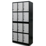 Darrahopens Furniture > Office FORTIA 12-Door Metal Storage Locker Cabinet Gym Office Lockers Compartment, Black & Light Grey