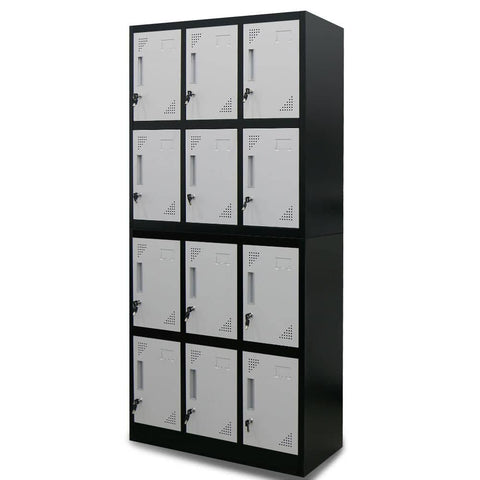Darrahopens Furniture > Office FORTIA 12-Door Metal Storage Locker Cabinet Gym Office Lockers Compartment, Black & Light Grey
