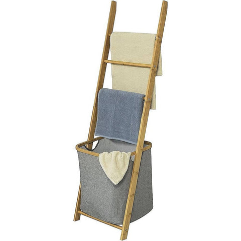 Darrahopens Furniture > Office Wall Leaning Ladder Shelf with Laundry Basket Clothes Hamper Bath Towel Rack in Grey