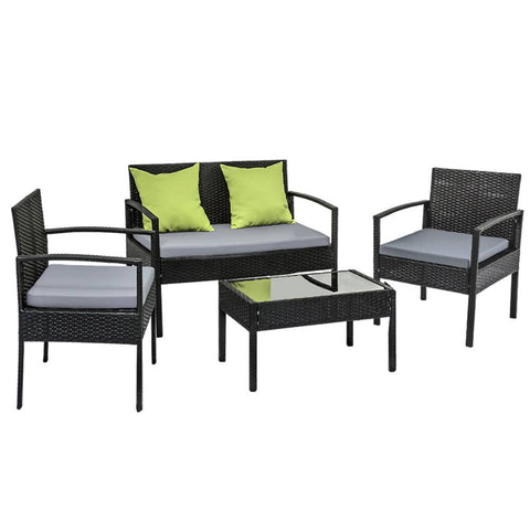 darrahopens Furniture > Outdoor 4 Seater Sofa Set Outdoor Furniture Lounge Setting Wicker Chairs Table Rattan Lounger Bistro Patio Garden Cushions Black