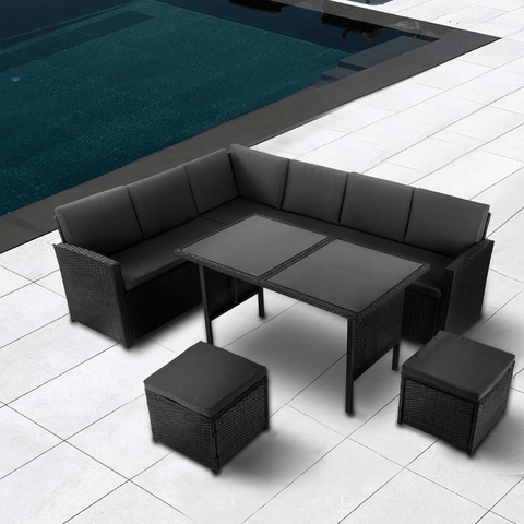 Darrahopens Furniture > Outdoor Ella 8-Seater Modular Outdoor Garden Lounge and Dining Set with Table and Stools in Black