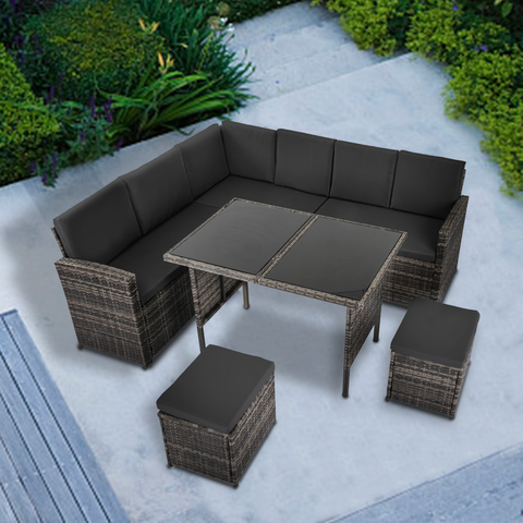 Darrahopens Furniture > Outdoor Ella 8-Seater Modular Outdoor Garden Lounge and Dining Set with Table and Stools in Dark Grey Weave