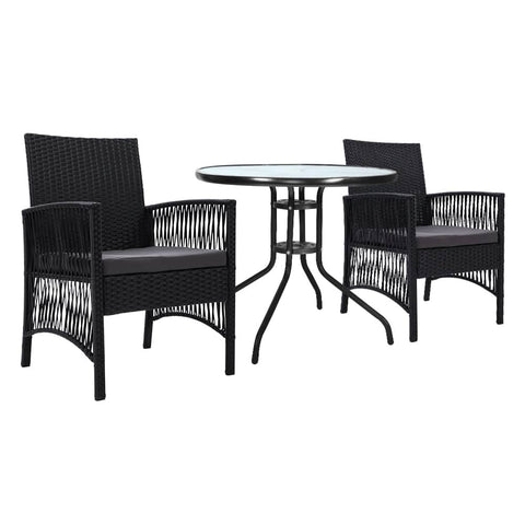 darrahopens Furniture > Outdoor Gardeon Outdoor Furniture Dining Chairs Wicker Garden Patio Cushion Black 3PCS Tea Coffee Cafe Bar Set